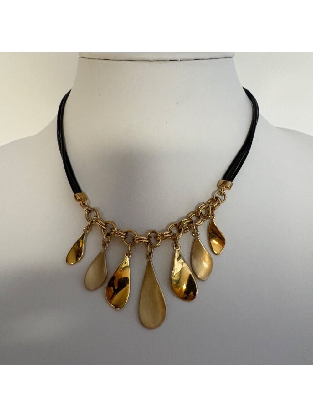 Lia Sophia Jamboree Gold Tone Hanging Teardrops Necklace Black Cord Jewelry